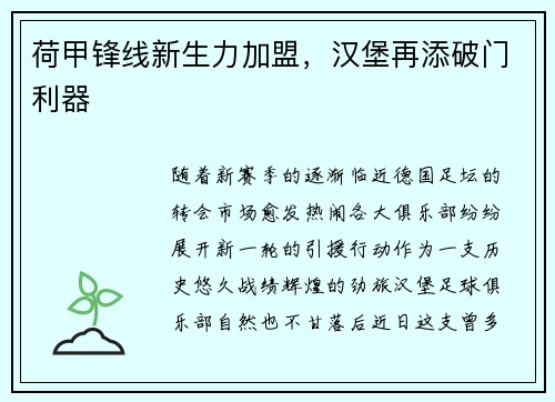 荷甲锋线新生力加盟，汉堡再添破门利器